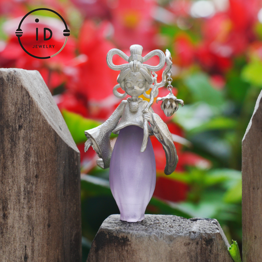 Amethyst Pendant in 925 Sterling Silver – Hanfu Girl Necklace with Bud Flower Design | Fantasy Asian Totem Jewelry | Gift for Her
