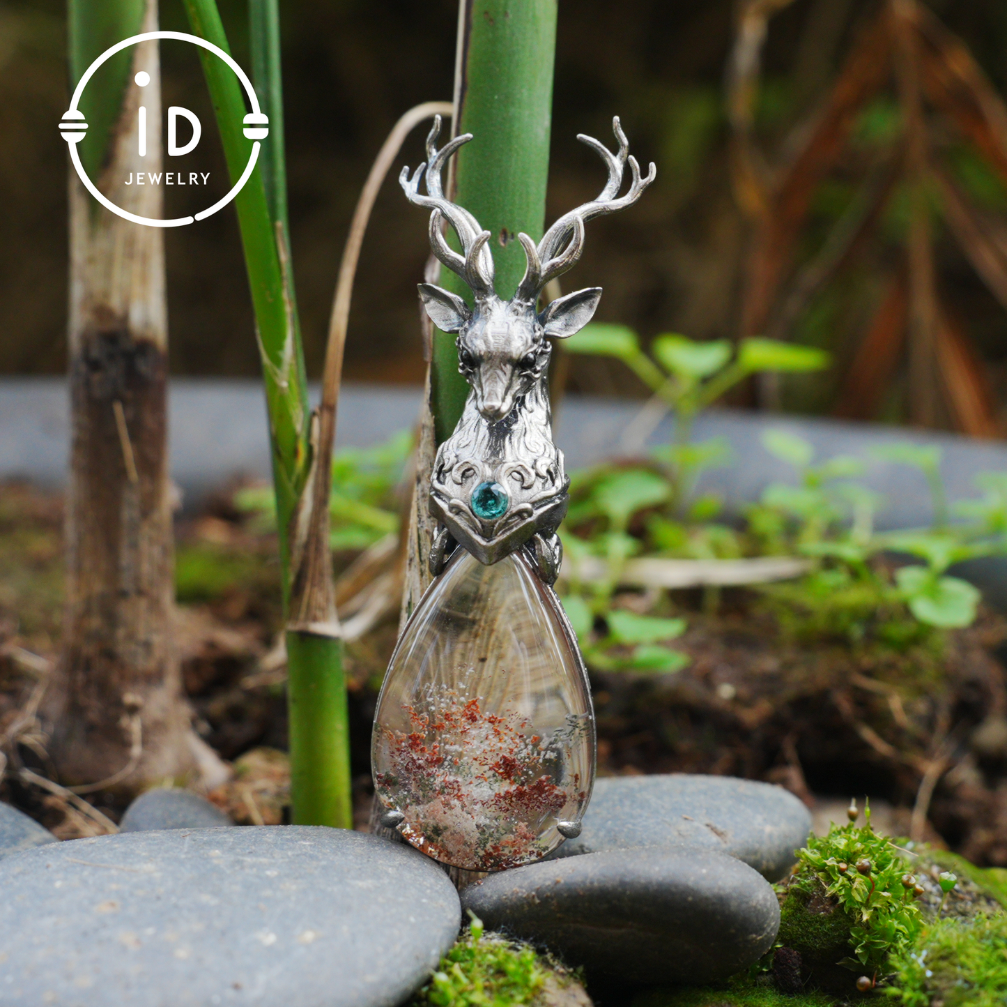 Lodolite Deer Pendant Necklace in Oxidized 925 Silver with Blue Topaz Gothic Totem Fantasy Jewelry Gift for Her Birthday or Yule
