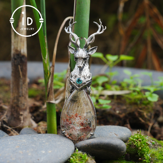 Lodolite Deer Pendant Necklace in Oxidized 925 Silver with Blue Topaz Gothic Totem Fantasy Jewelry Gift for Her Birthday or Yule