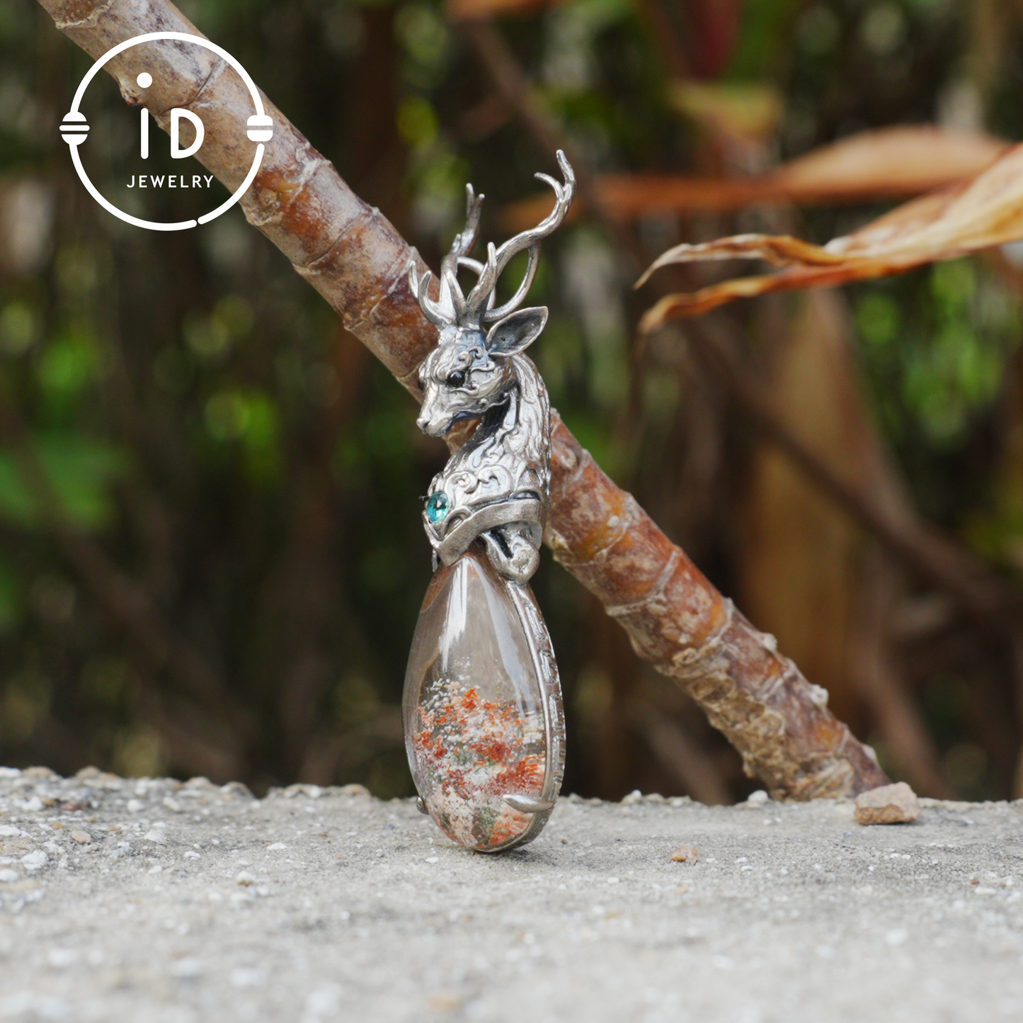 Lodolite Deer Pendant Necklace in Oxidized 925 Silver with Blue Topaz Gothic Totem Fantasy Jewelry Gift for Her Birthday or Yule