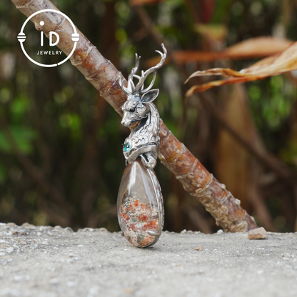 Lodolite Deer Pendant Necklace in Oxidized 925 Silver with Blue Topaz Gothic Totem Fantasy Jewelry Gift for Her Birthday or Yule