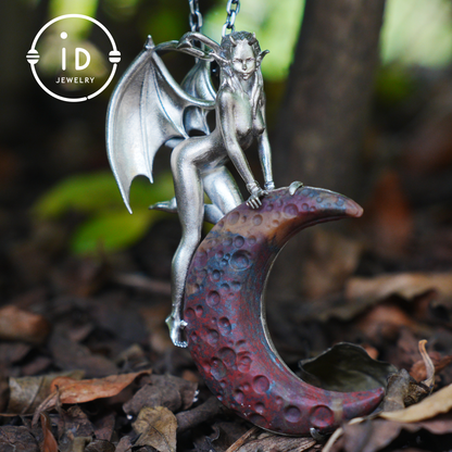 Hand-Carved 925 Silver Succubus Pendant | Blood Moon & Bloodstone Crescent | Winged Demon Gothic Protection Talisman | Perfect Gothic Gift