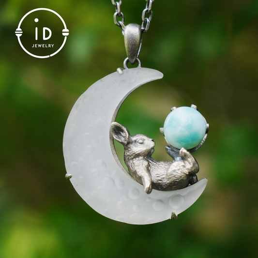 Rabbit Amulet Pendant with Larimar and White Crystal Moon, Handmade Fantasy Jewelry, Celestial Totem, Dreamy Protection Gift