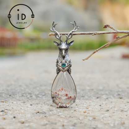 Lodolite Deer Pendant Necklace in Oxidized 925 Silver with Blue Topaz Gothic Totem Fantasy Jewelry Gift for Her Birthday or Yule