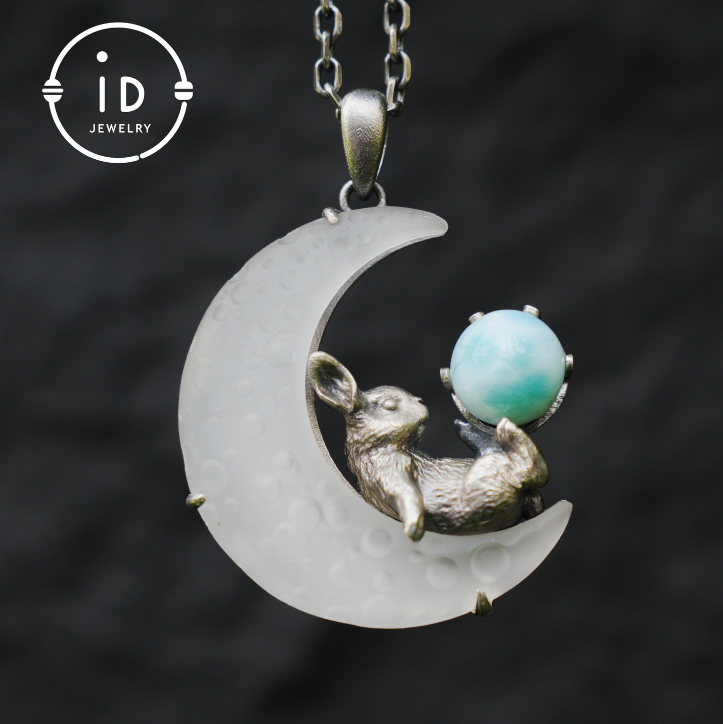 Rabbit Amulet Pendant with Larimar and White Crystal Moon, Handmade Fantasy Jewelry, Celestial Totem, Dreamy Protection Gift