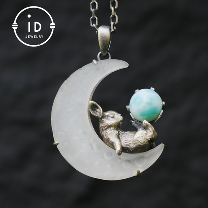 Rabbit Amulet Pendant with Larimar and White Crystal Moon, Handmade Fantasy Jewelry, Celestial Totem, Dreamy Protection Gift