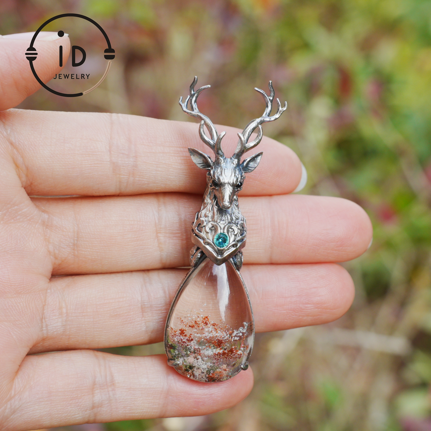 Lodolite Deer Pendant Necklace in Oxidized 925 Silver with Blue Topaz Gothic Totem Fantasy Jewelry Gift for Her Birthday or Yule