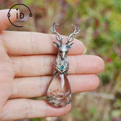 Lodolite Deer Pendant Necklace in Oxidized 925 Silver with Blue Topaz Gothic Totem Fantasy Jewelry Gift for Her Birthday or Yule