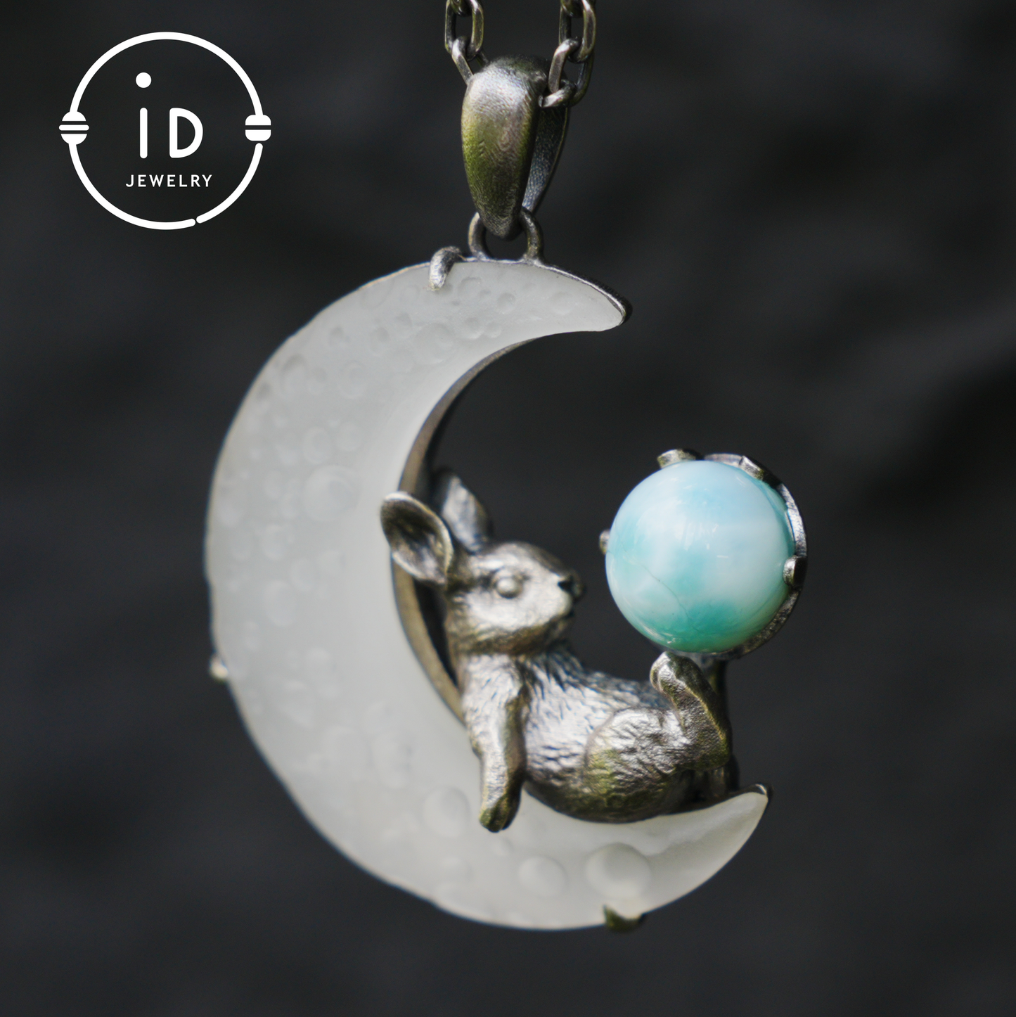 Rabbit Amulet Pendant with Larimar and White Crystal Moon, Handmade Fantasy Jewelry, Celestial Totem, Dreamy Protection Gift