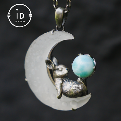 Rabbit Amulet Pendant with Larimar and White Crystal Moon, Handmade Fantasy Jewelry, Celestial Totem, Dreamy Protection Gift