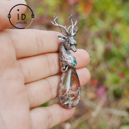 Lodolite Deer Pendant Necklace in Oxidized 925 Silver with Blue Topaz Gothic Totem Fantasy Jewelry Gift for Her Birthday or Yule