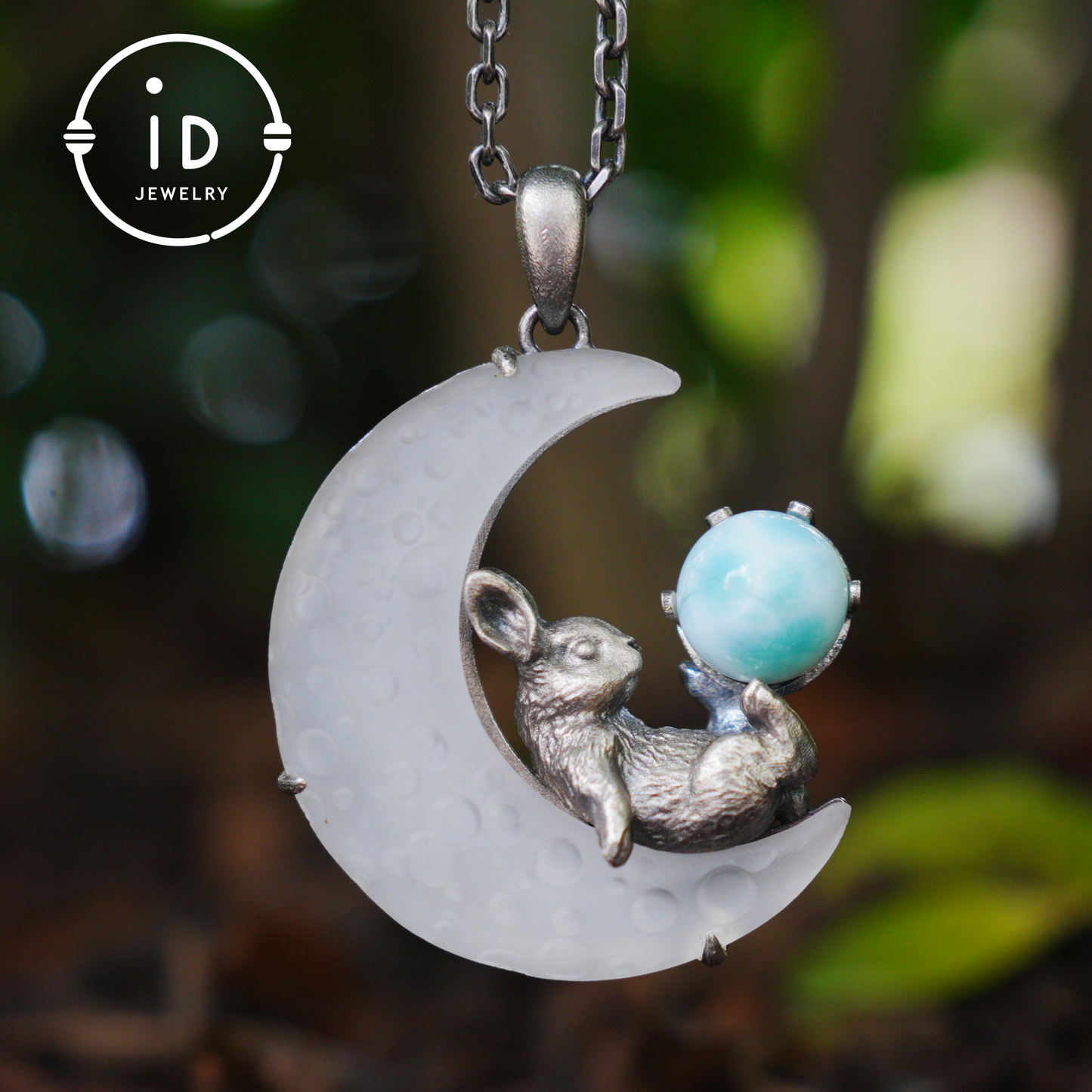 Rabbit Amulet Pendant with Larimar and White Crystal Moon, Handmade Fantasy Jewelry, Celestial Totem, Dreamy Protection Gift