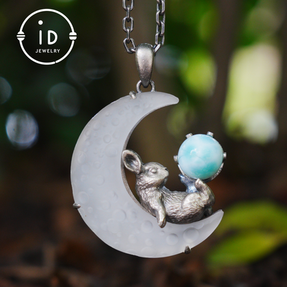 Rabbit Amulet Pendant with Larimar and White Crystal Moon, Handmade Fantasy Jewelry, Celestial Totem, Dreamy Protection Gift