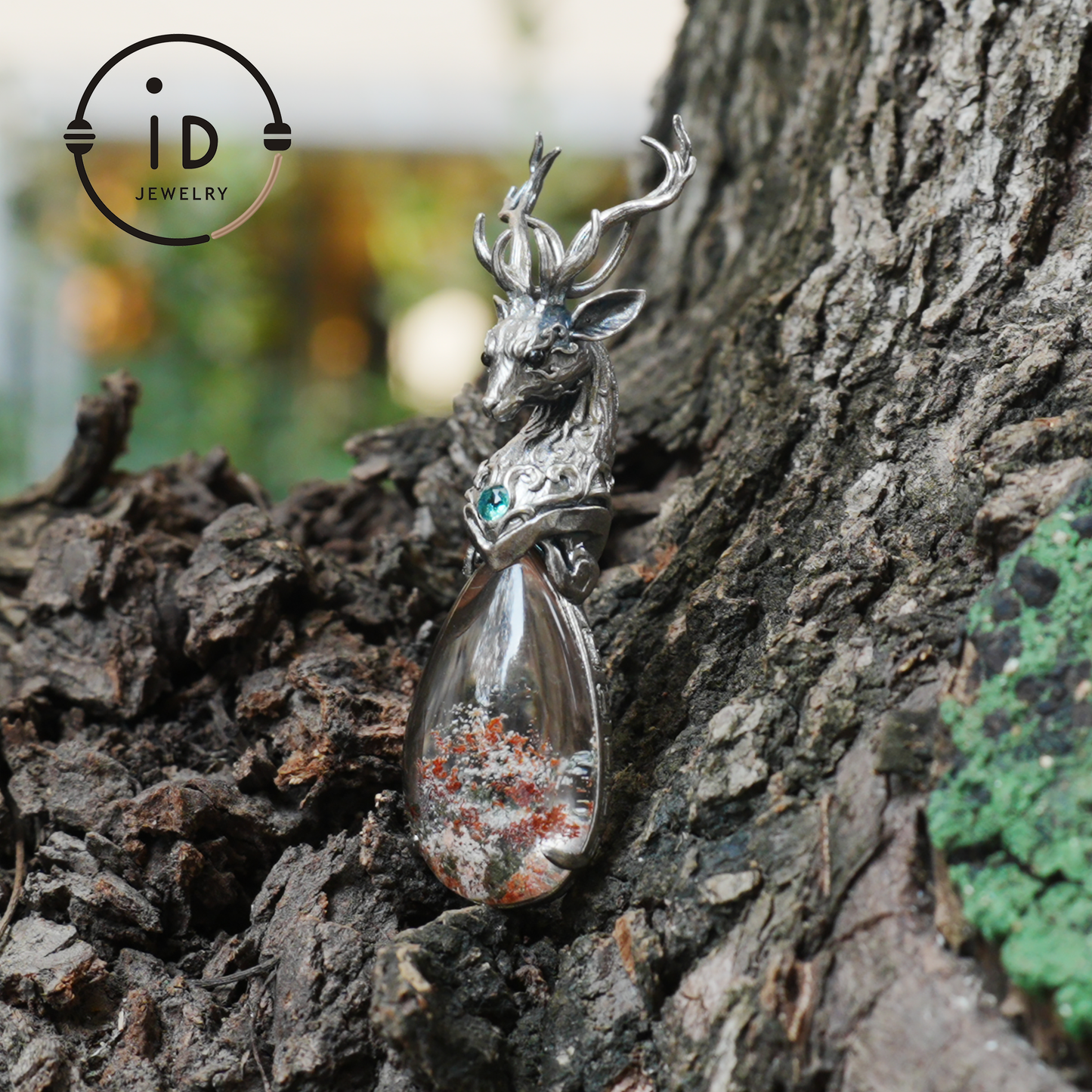 Lodolite Deer Pendant Necklace in Oxidized 925 Silver with Blue Topaz Gothic Totem Fantasy Jewelry Gift for Her Birthday or Yule