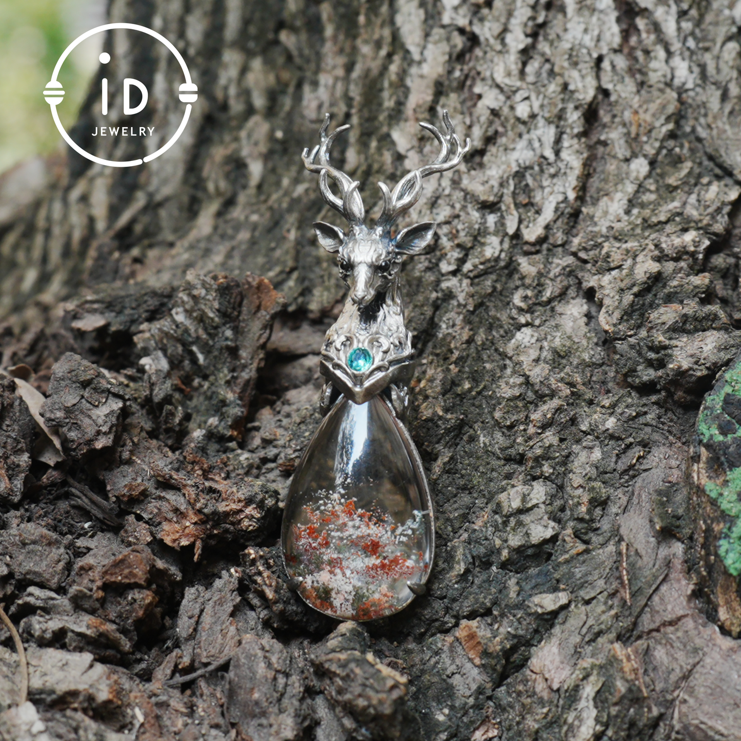 Lodolite Deer Pendant Necklace in Oxidized 925 Silver with Blue Topaz Gothic Totem Fantasy Jewelry Gift for Her Birthday or Yule