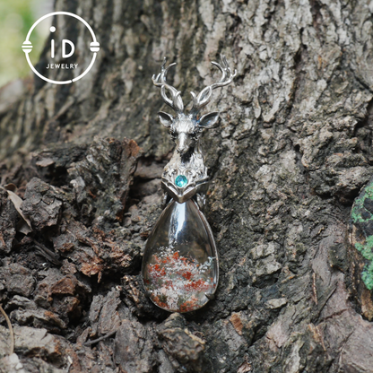 Lodolite Deer Pendant Necklace in Oxidized 925 Silver with Blue Topaz Gothic Totem Fantasy Jewelry Gift for Her Birthday or Yule