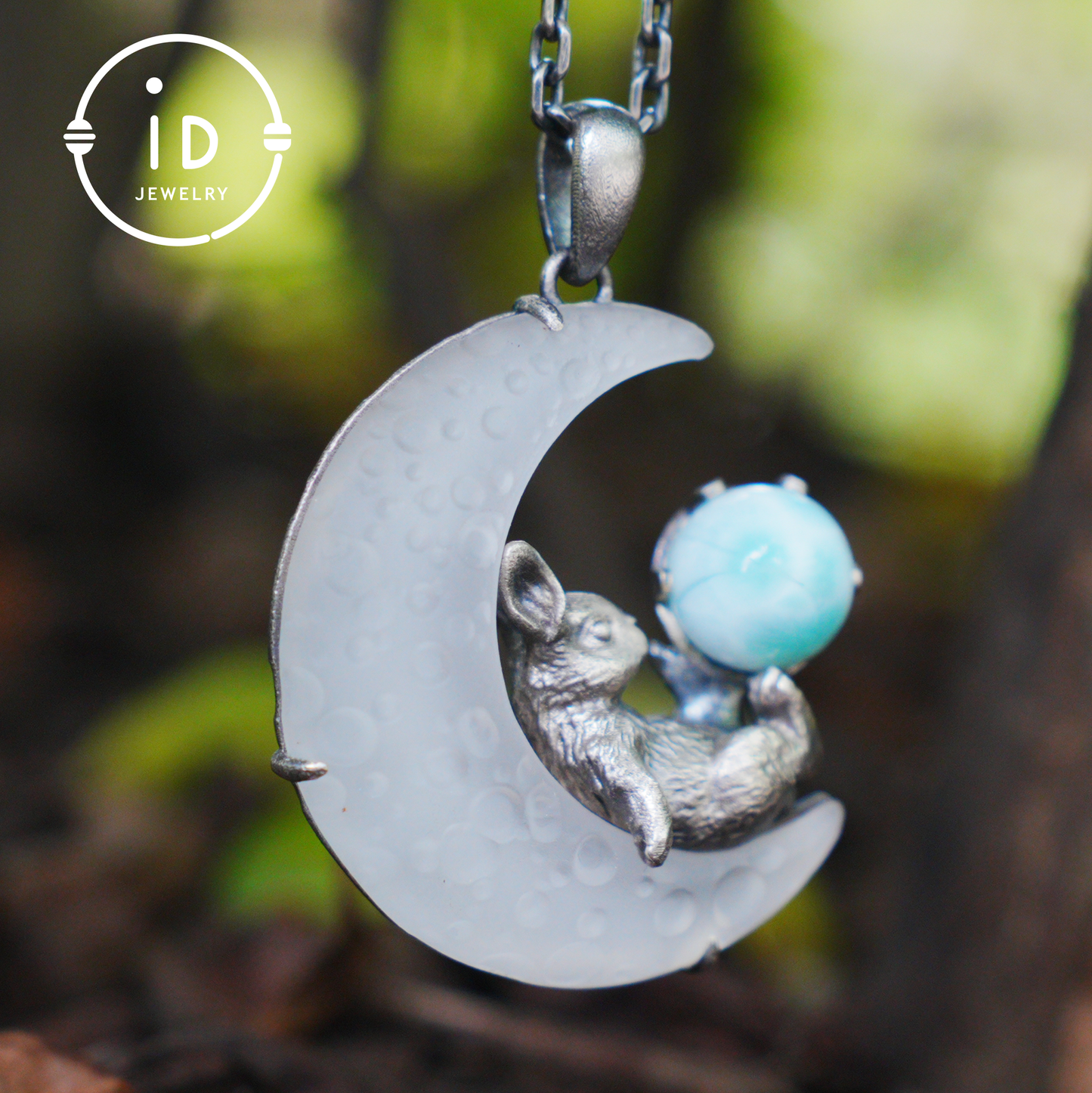 Rabbit Amulet Pendant with Larimar and White Crystal Moon, Handmade Fantasy Jewelry, Celestial Totem, Dreamy Protection Gift