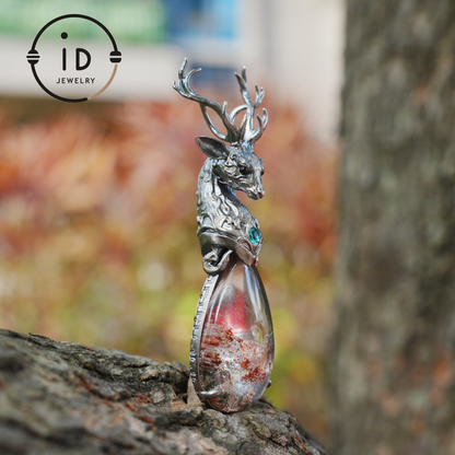 Lodolite Deer Pendant Necklace in Oxidized 925 Silver with Blue Topaz Gothic Totem Fantasy Jewelry Gift for Her Birthday or Yule