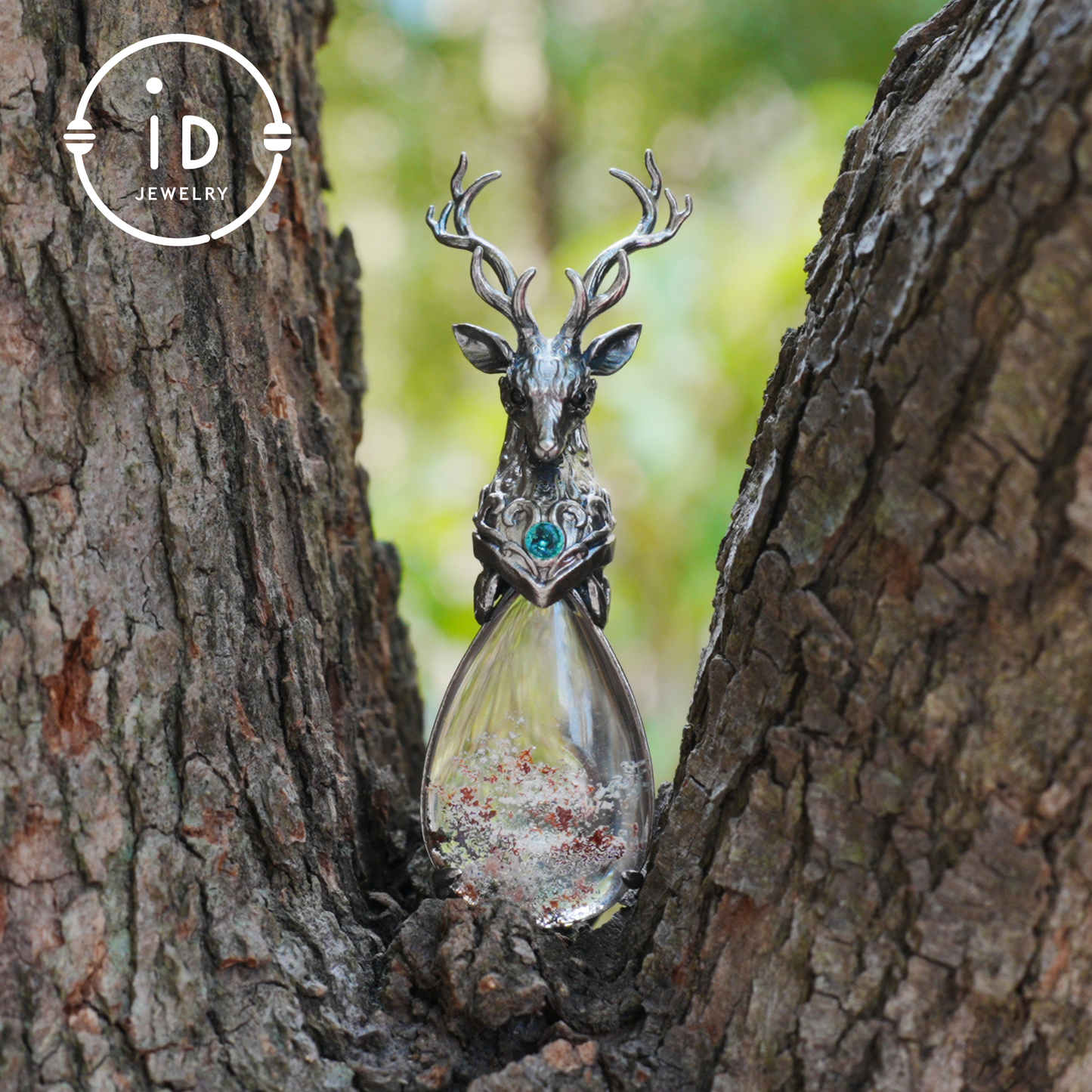 Lodolite Deer Pendant Necklace in Oxidized 925 Silver with Blue Topaz Gothic Totem Fantasy Jewelry Gift for Her Birthday or Yule