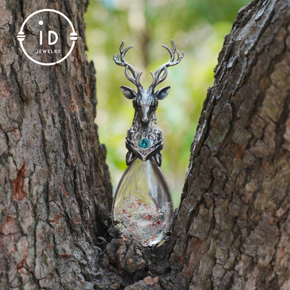 Lodolite Deer Pendant Necklace in Oxidized 925 Silver with Blue Topaz Gothic Totem Fantasy Jewelry Gift for Her Birthday or Yule
