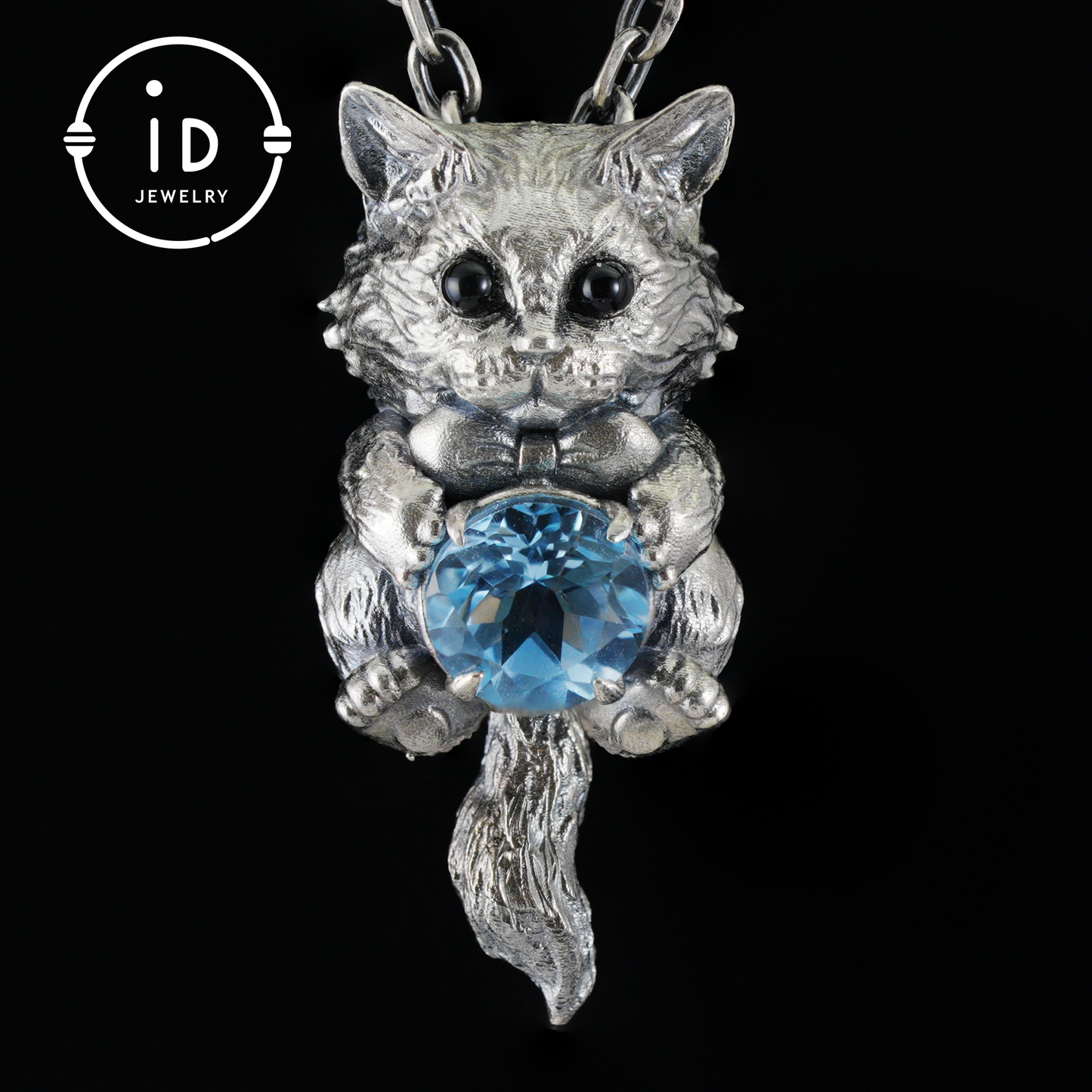 Playful Cat Pendant Necklace | 925 Sterling Silver with Blue Topaz & Agate | Handmade Animal Jewelry Gift for Cat Lovers