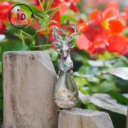 Lodolite Deer Pendant Necklace in Oxidized 925 Silver with Blue Topaz Gothic Totem Fantasy Jewelry Gift for Her Birthday or Yule