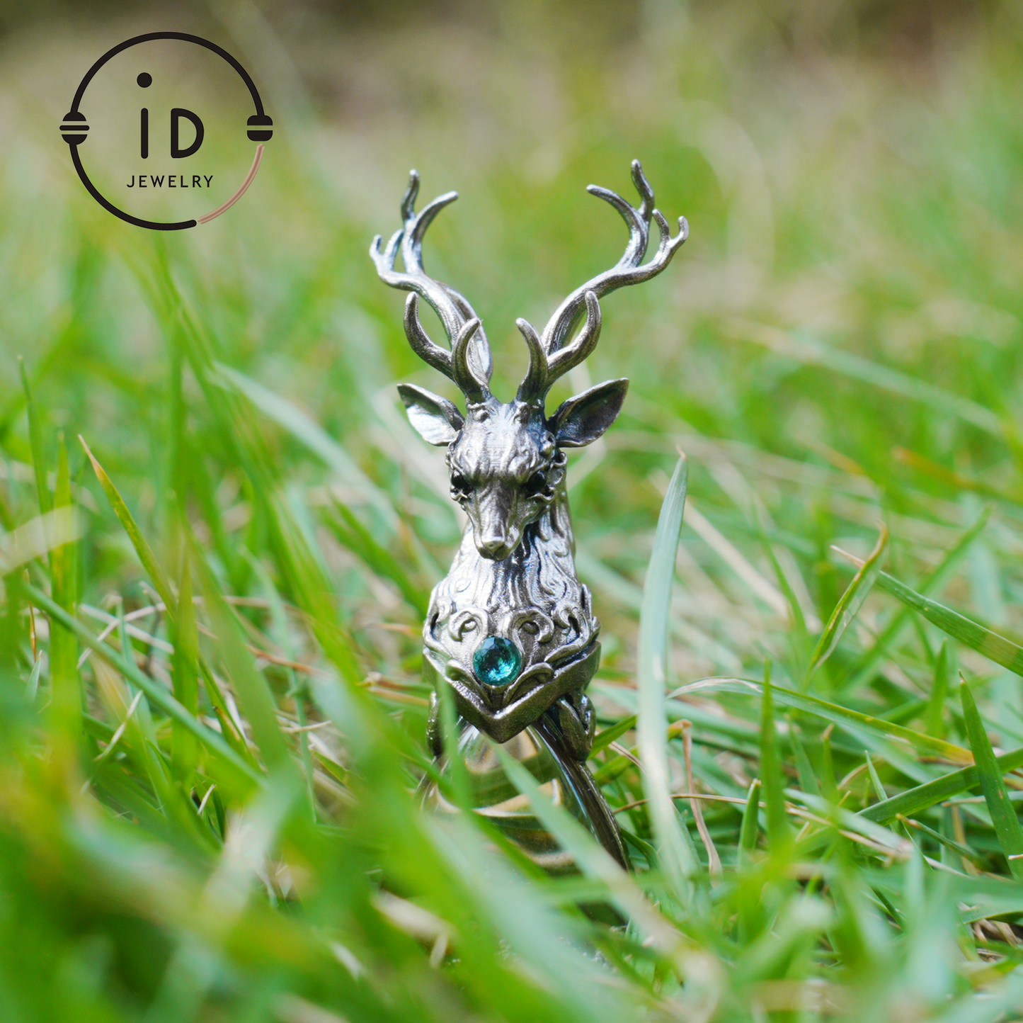Lodolite Deer Pendant Necklace in Oxidized 925 Silver with Blue Topaz Gothic Totem Fantasy Jewelry Gift for Her Birthday or Yule