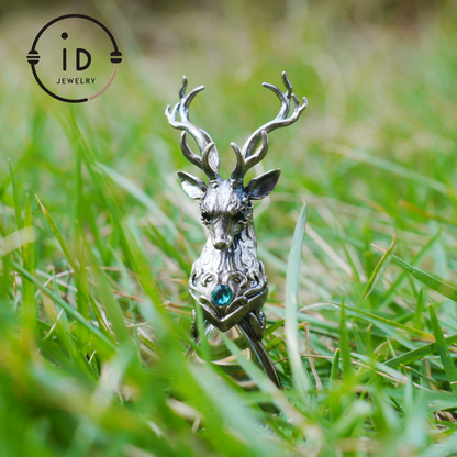 Lodolite Deer Pendant Necklace in Oxidized 925 Silver with Blue Topaz Gothic Totem Fantasy Jewelry Gift for Her Birthday or Yule