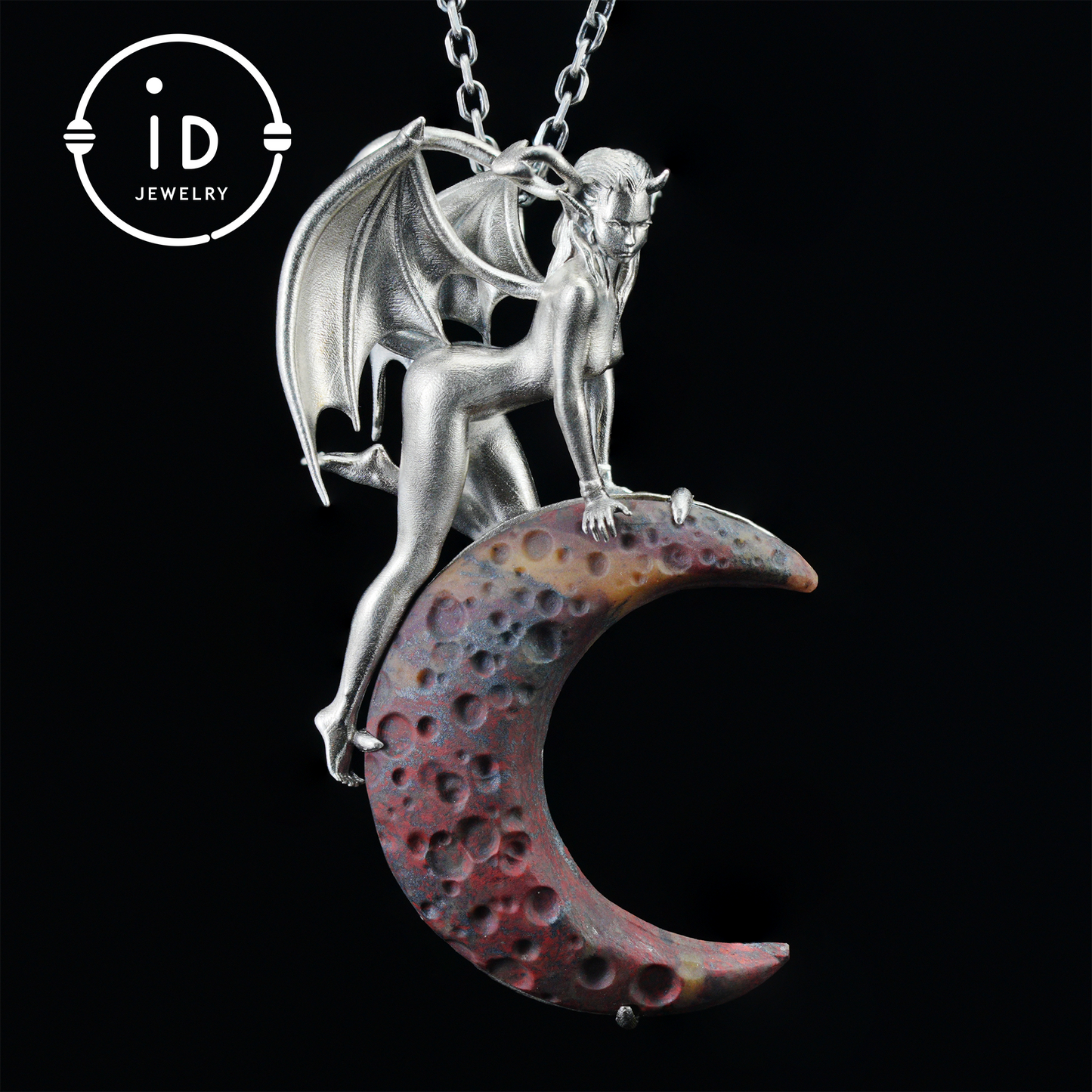 Hand-Carved 925 Silver Succubus Pendant | Blood Moon & Bloodstone Crescent | Winged Demon Gothic Protection Talisman | Perfect Gothic Gift