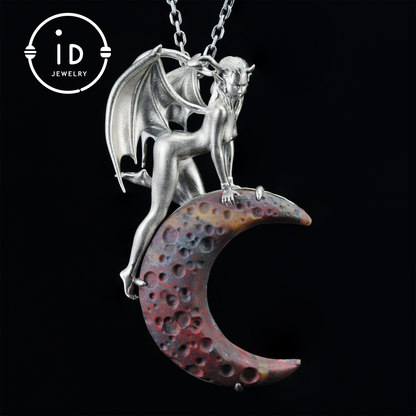 Hand-Carved 925 Silver Succubus Pendant | Blood Moon & Bloodstone Crescent | Winged Demon Gothic Protection Talisman | Perfect Gothic Gift