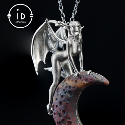 Hand-Carved 925 Silver Succubus Pendant | Blood Moon & Bloodstone Crescent | Winged Demon Gothic Protection Talisman | Perfect Gothic Gift