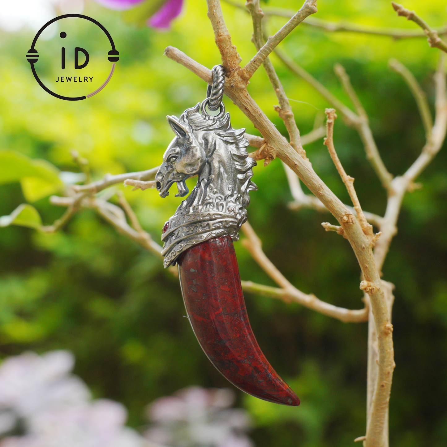 Garnet Pendant Horse Tooth 925 Silver Totem Jewelry Oxidized Necklace Gift for Him Gothic Style Talisman Men’s Vintage Look