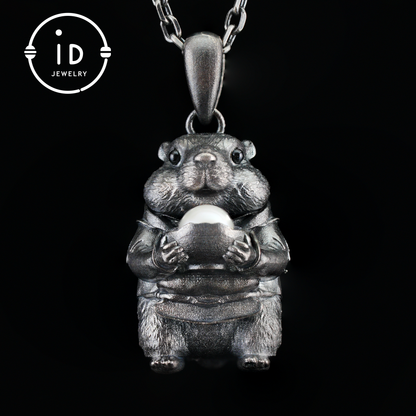 Hamster Pendant with Pearl, Whimsical Animal Totem Amulet, Handcrafted Fairy Tale Jewelry, Symbol of Care and Gentle Devotion