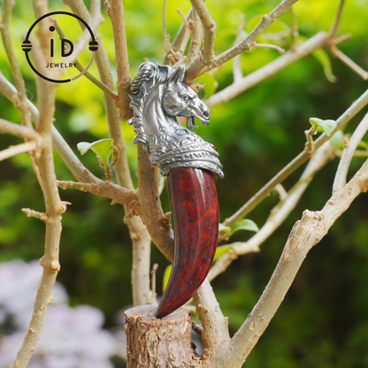 Garnet Pendant Horse Tooth 925 Silver Totem Jewelry Oxidized Necklace Gift for Him Gothic Style Talisman Men’s Vintage Look