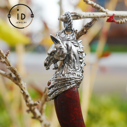 Garnet Pendant Horse Tooth 925 Silver Totem Jewelry Oxidized Necklace Gift for Him Gothic Style Talisman Men’s Vintage Look