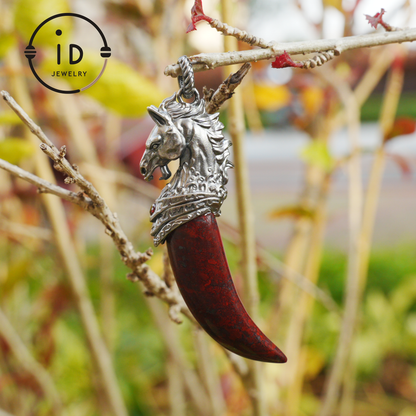 Garnet Pendant Horse Tooth 925 Silver Totem Jewelry Oxidized Necklace Gift for Him Gothic Style Talisman Men’s Vintage Look