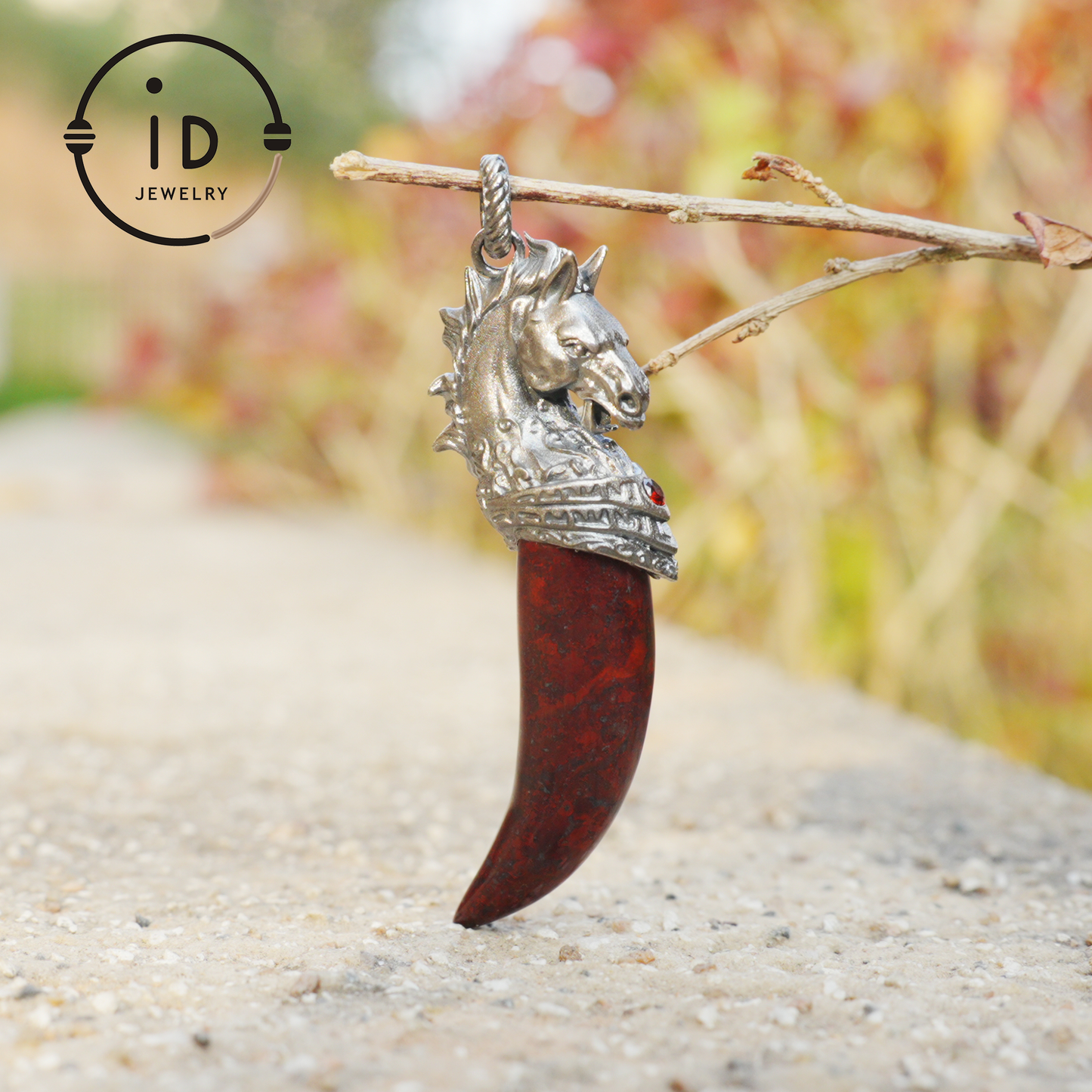 Garnet Pendant Horse Tooth 925 Silver Totem Jewelry Oxidized Necklace Gift for Him Gothic Style Talisman Men’s Vintage Look