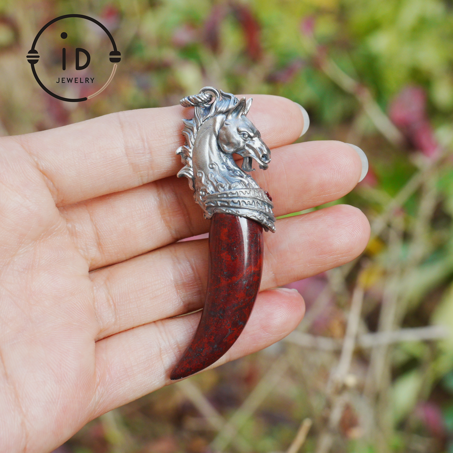 Garnet Pendant Horse Tooth 925 Silver Totem Jewelry Oxidized Necklace Gift for Him Gothic Style Talisman Men’s Vintage Look