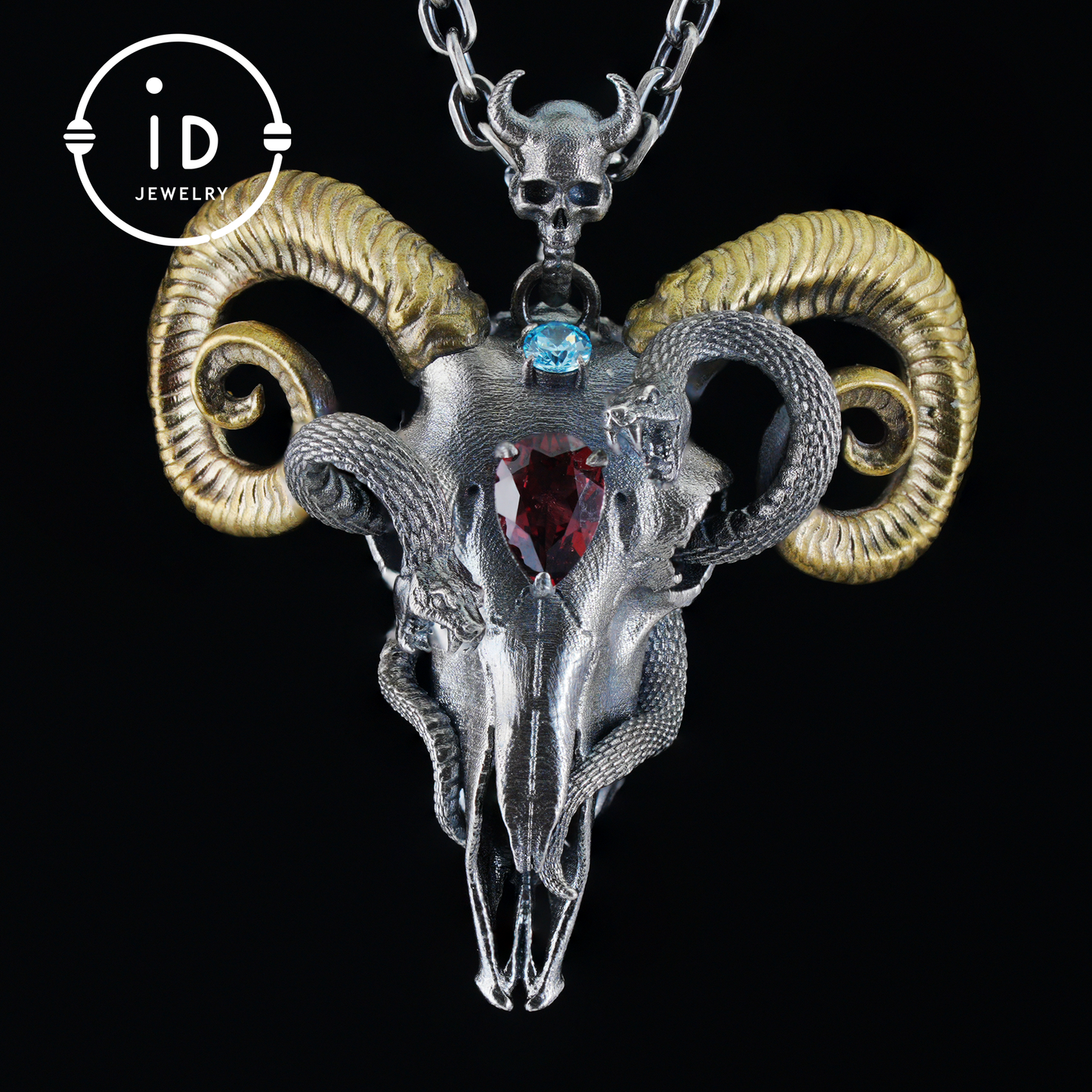 Gothic Ram Skull Pendant Necklace | 925 Silver & Copper Handmade Jewelry with Garnet and Topaz | Symbolic Talisman for Transformation & Strength