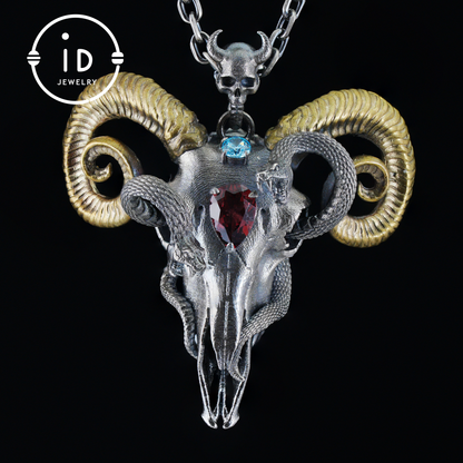 Gothic Ram Skull Pendant Necklace | 925 Silver & Copper Handmade Jewelry with Garnet and Topaz | Symbolic Talisman for Transformation & Strength