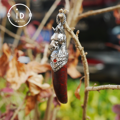 Garnet Pendant Horse Tooth 925 Silver Totem Jewelry Oxidized Necklace Gift for Him Gothic Style Talisman Men’s Vintage Look