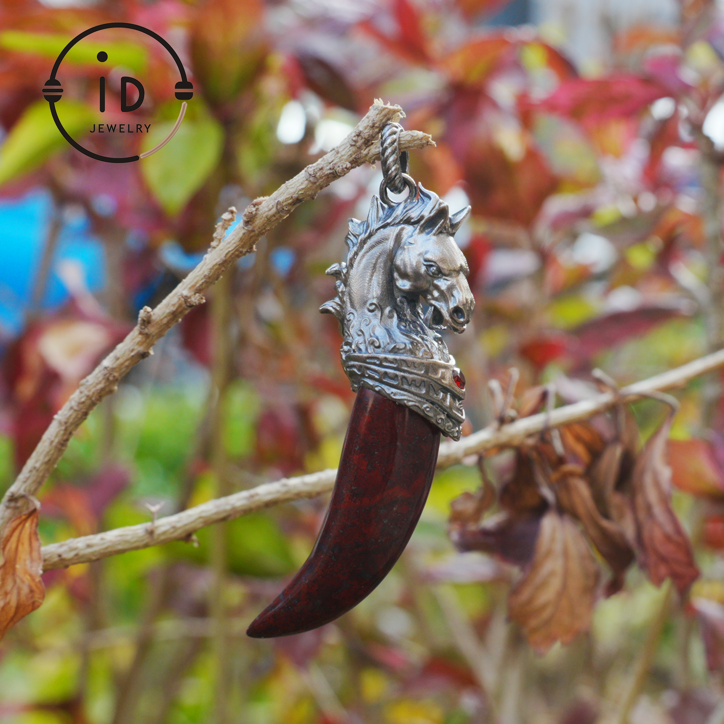 Garnet Pendant Horse Tooth 925 Silver Totem Jewelry Oxidized Necklace Gift for Him Gothic Style Talisman Men’s Vintage Look