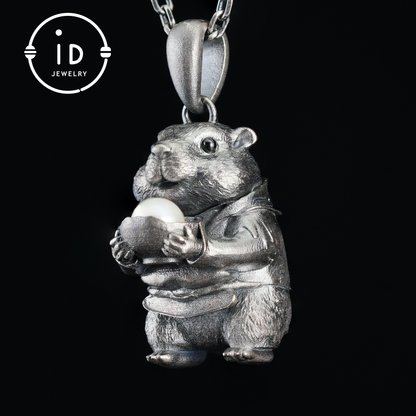 Hamster Pendant with Pearl, Whimsical Animal Totem Amulet, Handcrafted Fairy Tale Jewelry, Symbol of Care and Gentle Devotion