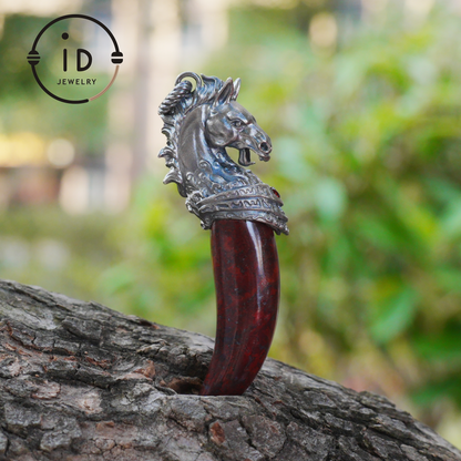 Garnet Pendant Horse Tooth 925 Silver Totem Jewelry Oxidized Necklace Gift for Him Gothic Style Talisman Men’s Vintage Look