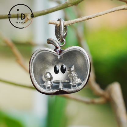 S925 Silver Apple Pendant with Red Enamel and Two Cats Inside, Fairytale Style Talisman Necklace, Symbolic Gift for Her, Christmas Jewelry