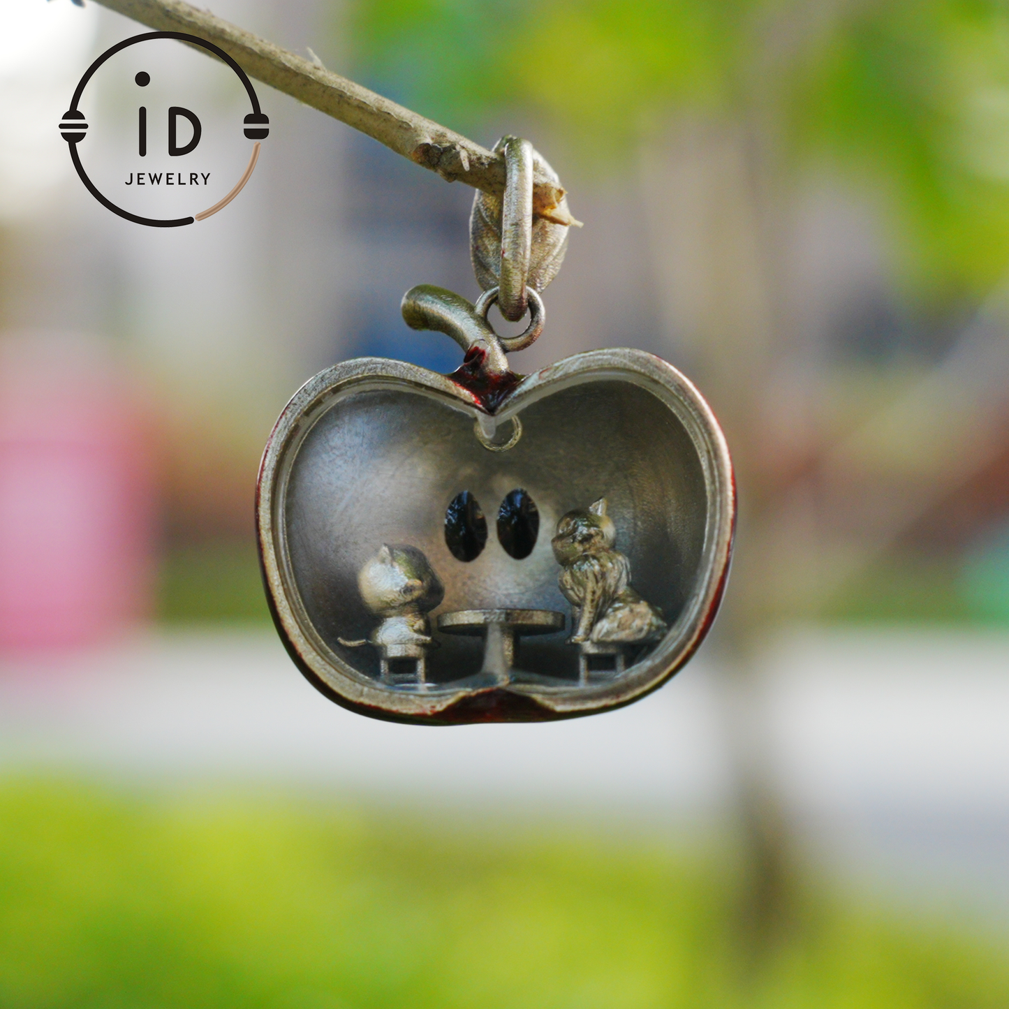 S925 Silver Apple Pendant with Red Enamel and Two Cats Inside, Fairytale Style Talisman Necklace, Symbolic Gift for Her, Christmas Jewelry