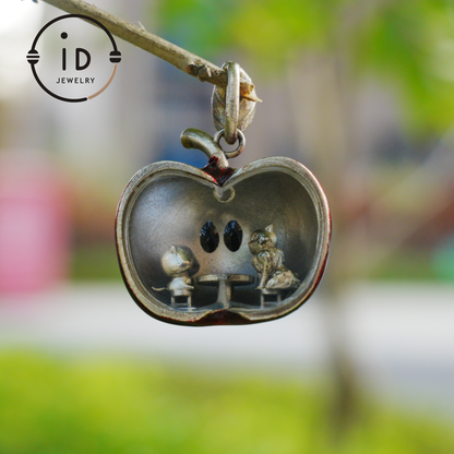 S925 Silver Apple Pendant with Red Enamel and Two Cats Inside, Fairytale Style Talisman Necklace, Symbolic Gift for Her, Christmas Jewelry