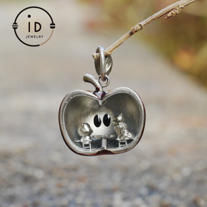 S925 Silver Apple Pendant with Red Enamel and Two Cats Inside, Fairytale Style Talisman Necklace, Symbolic Gift for Her, Christmas Jewelry