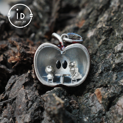 S925 Silver Apple Pendant with Red Enamel and Two Cats Inside, Fairytale Style Talisman Necklace, Symbolic Gift for Her, Christmas Jewelry