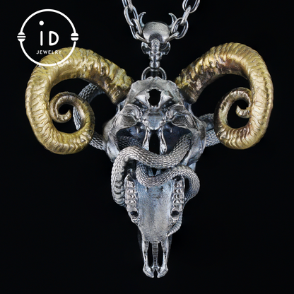 Gothic Ram Skull Pendant Necklace | 925 Silver & Copper Handmade Jewelry with Garnet and Topaz | Symbolic Talisman for Transformation & Strength